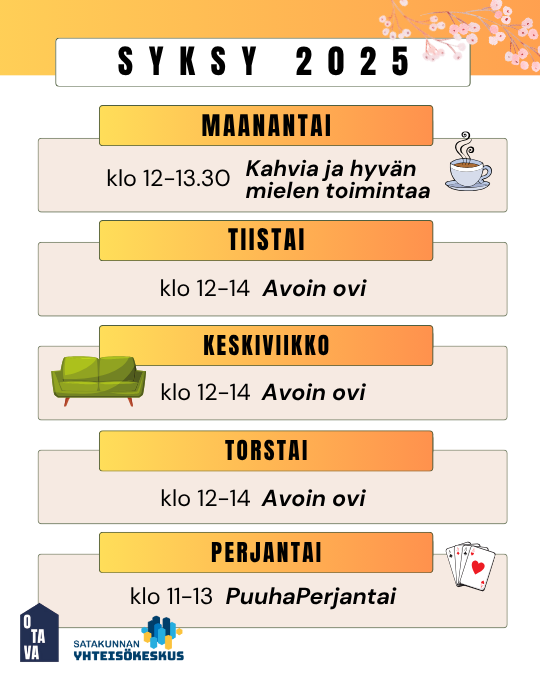 MA klo 12–13.30 Kahvia ja hyvän mielen toimintaa ☕ Kaikille avoin ryhmä juttelulle ja yhdessäololle. Joka maanantai 15.12. asti. TI, KE, TO klo 12-14 Avoin ovi � Aulatila vapaassa käytössä. Omatoimista ja vapaata ajanviettoa ilman ilmoittautumista. Tule kun sinulle sopii! Toiminta jatkuu 18.12. asti joka tiistai, keskiviikko ja torstai. PE klo 11-13 PuuhaPerjantai � Kaikille avoin ryhmä, jossa on joka kerralla toiminnallista ohjelmaa. Joka perjantai 12.12. asti.